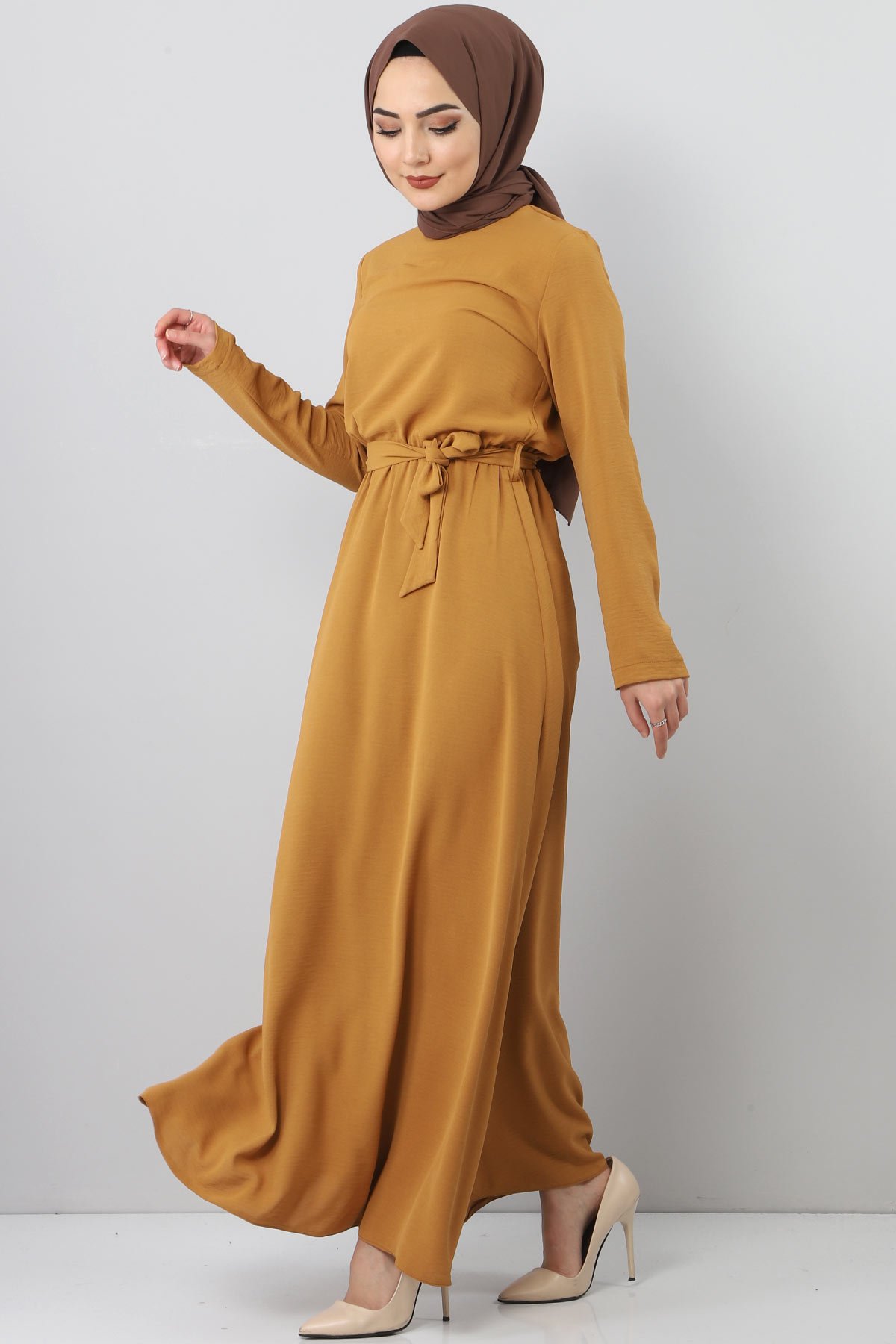 فستان ايروبين بخصر مطاطي TSD5521 لون أصفر داكن