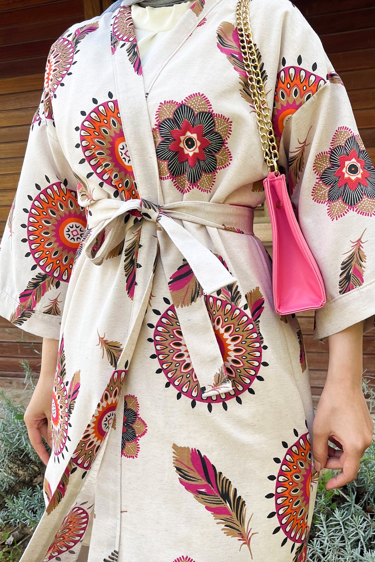Tüy Desenli Tam Boy Kimono TSD220901 Fuşya