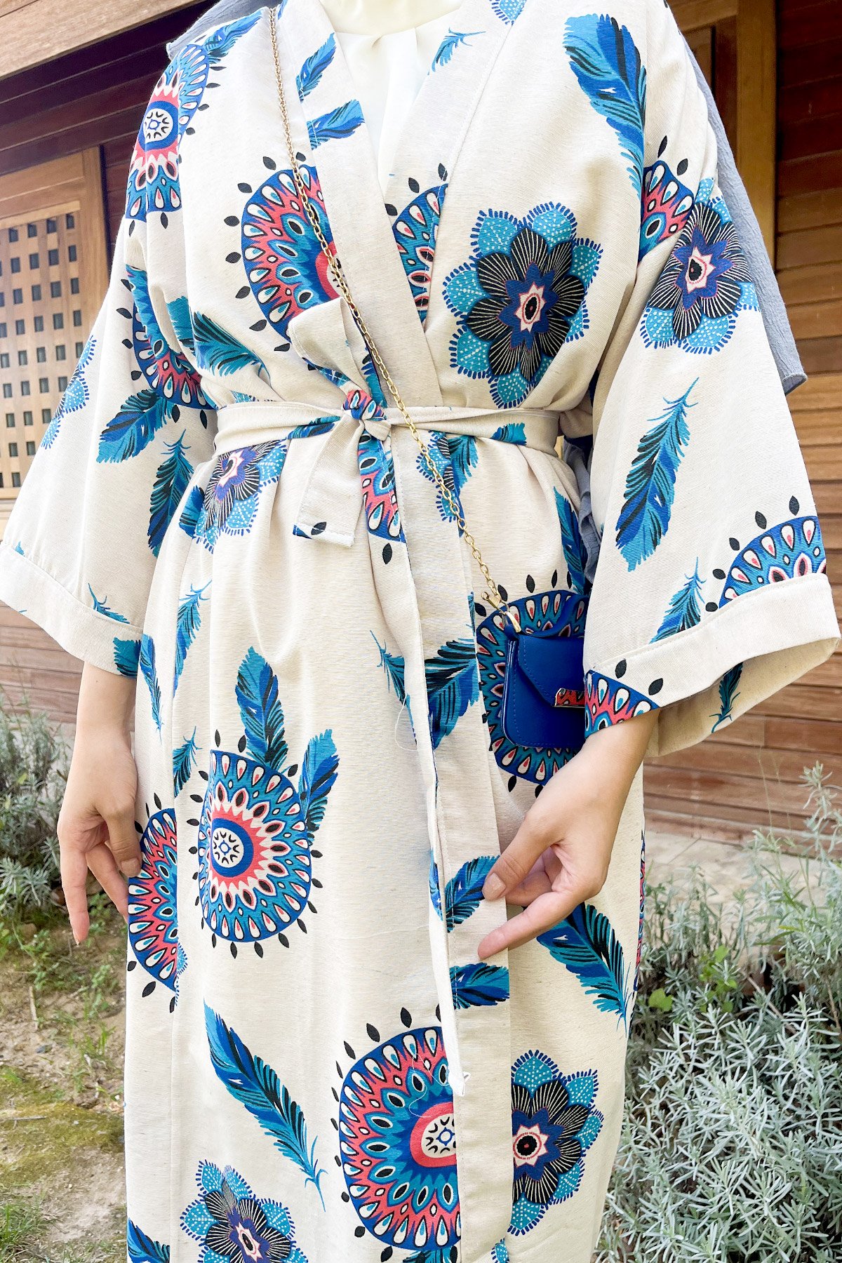 Tüy Desenli Tam Boy Kimono TSD220901 Mavi
