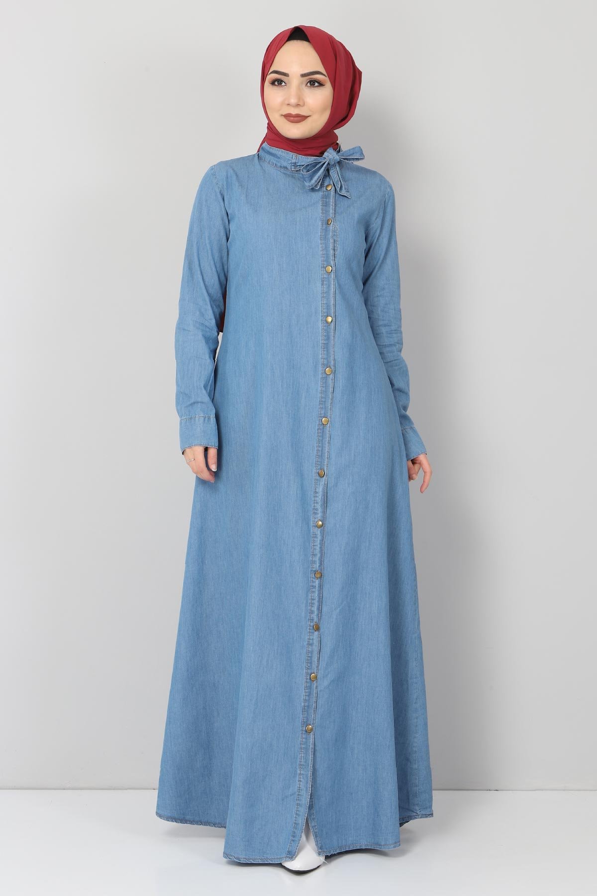 Yaka Detaylı Kot Elbise TSD1502 Açık Mavi