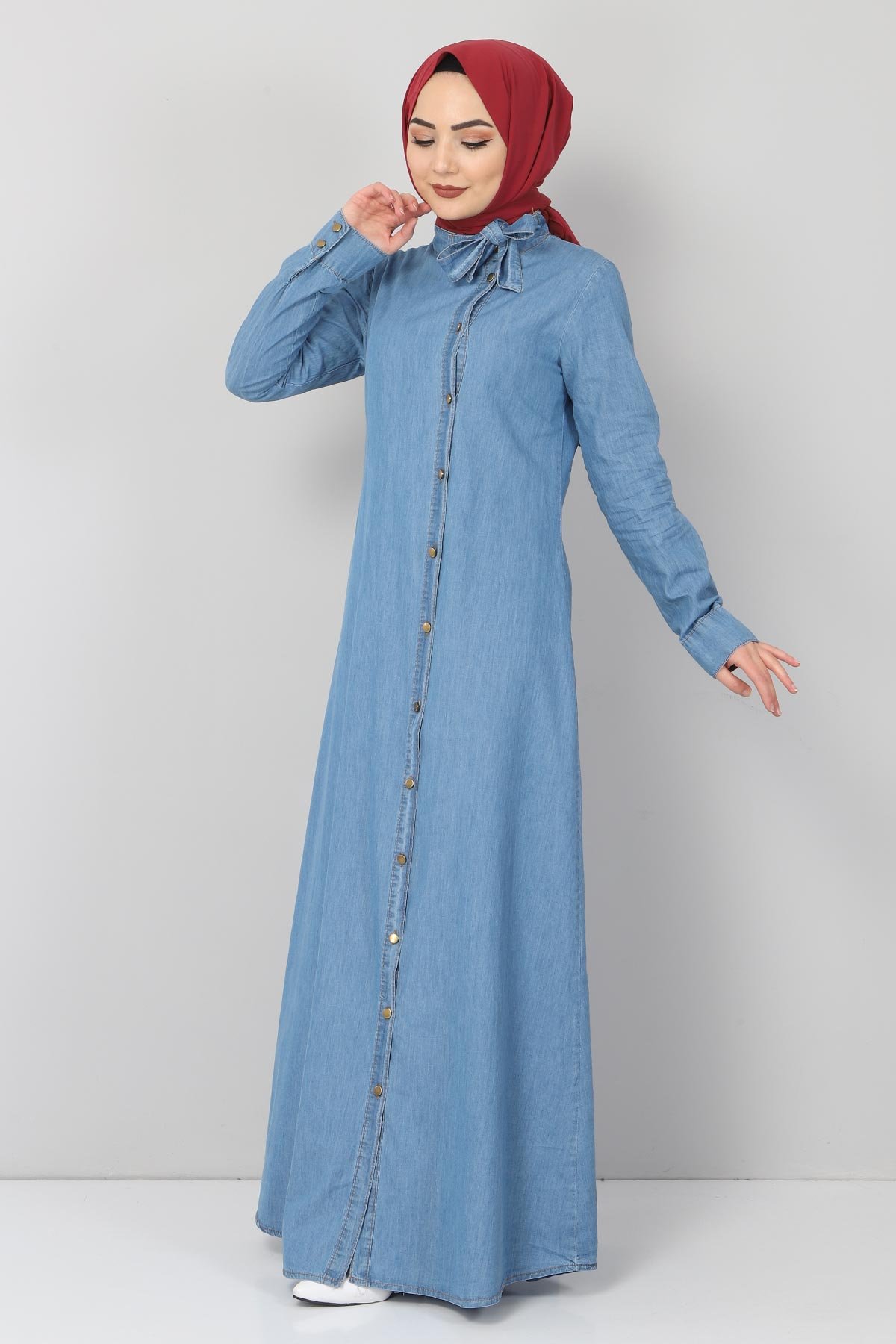 Yaka Detaylı Kot Elbise TSD1502 Açık Mavi