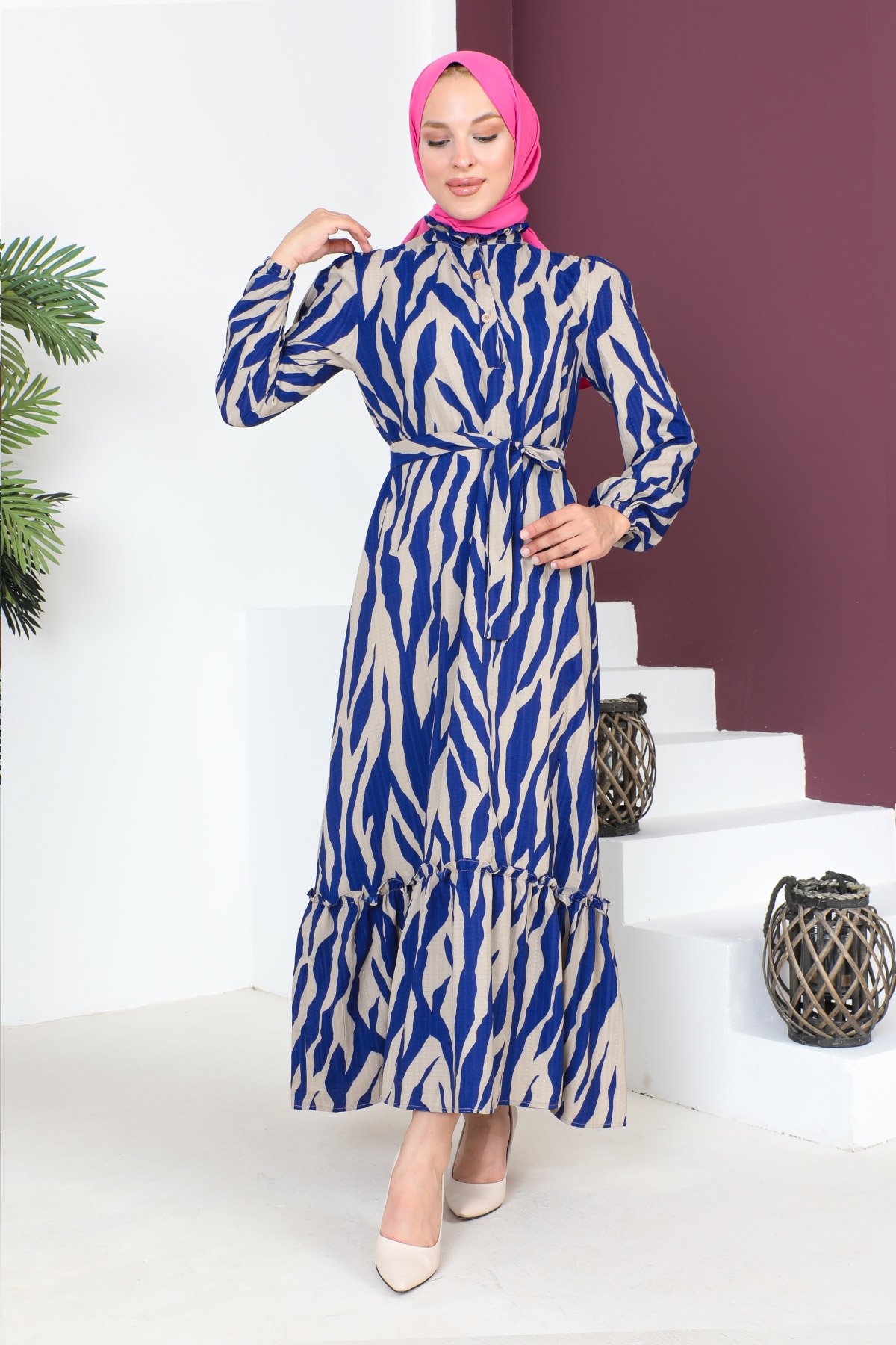 Yakası Fırfırlı Zebra Desenli Elbise TSD230725 Mavi