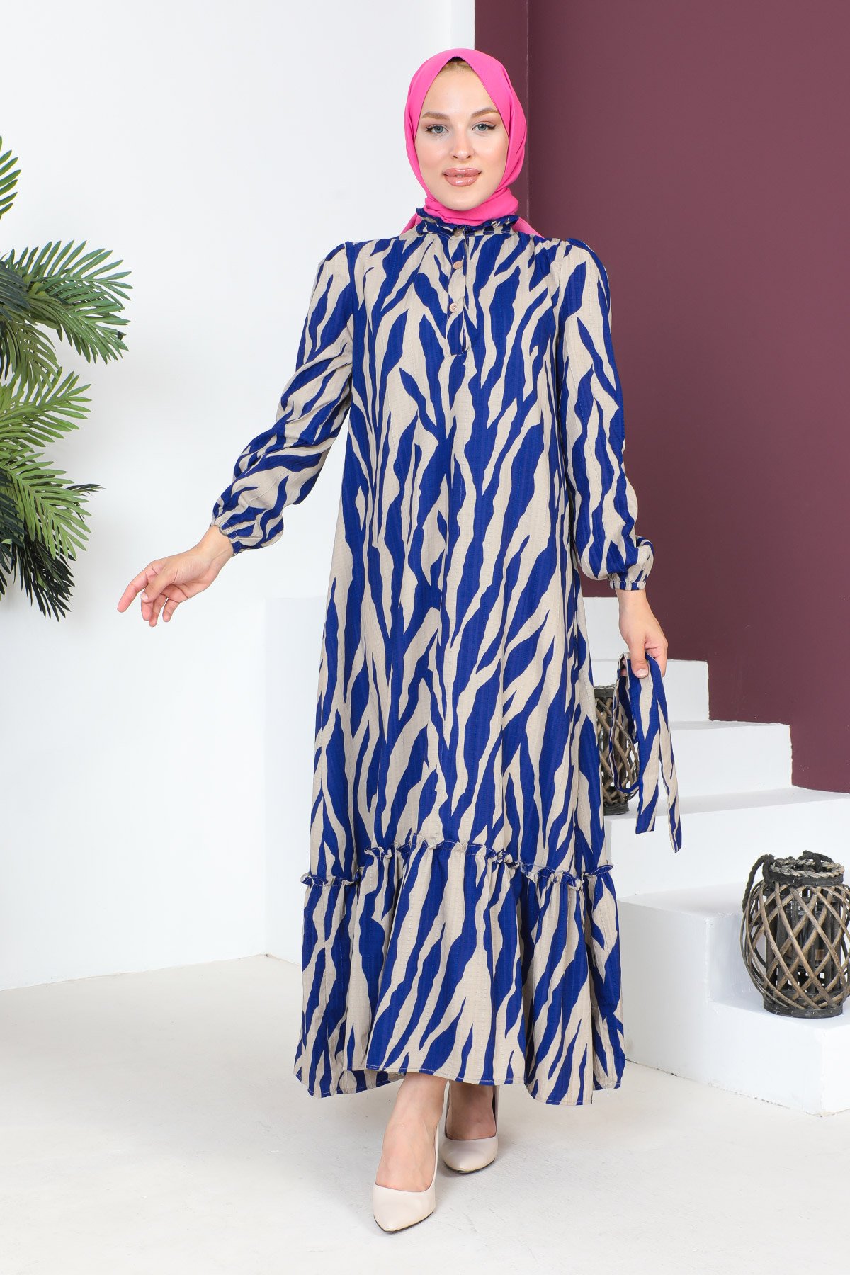 Yakası Fırfırlı Zebra Desenli Elbise TSD230725 Mavi