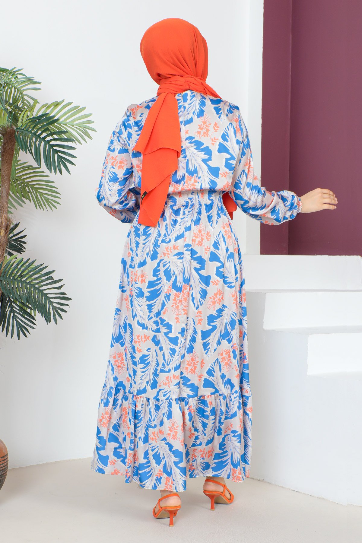 Yaprak Desenli Elbise TSD230610 Mavi
