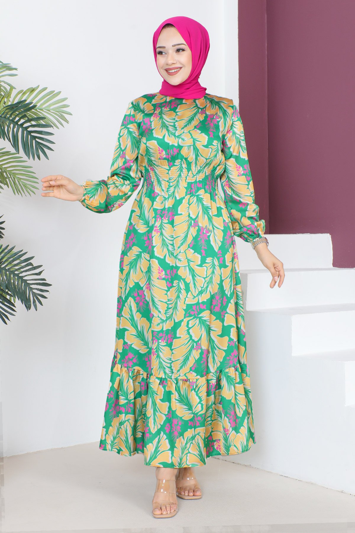 Yaprak Desenli Elbise TSD230610 Sarı