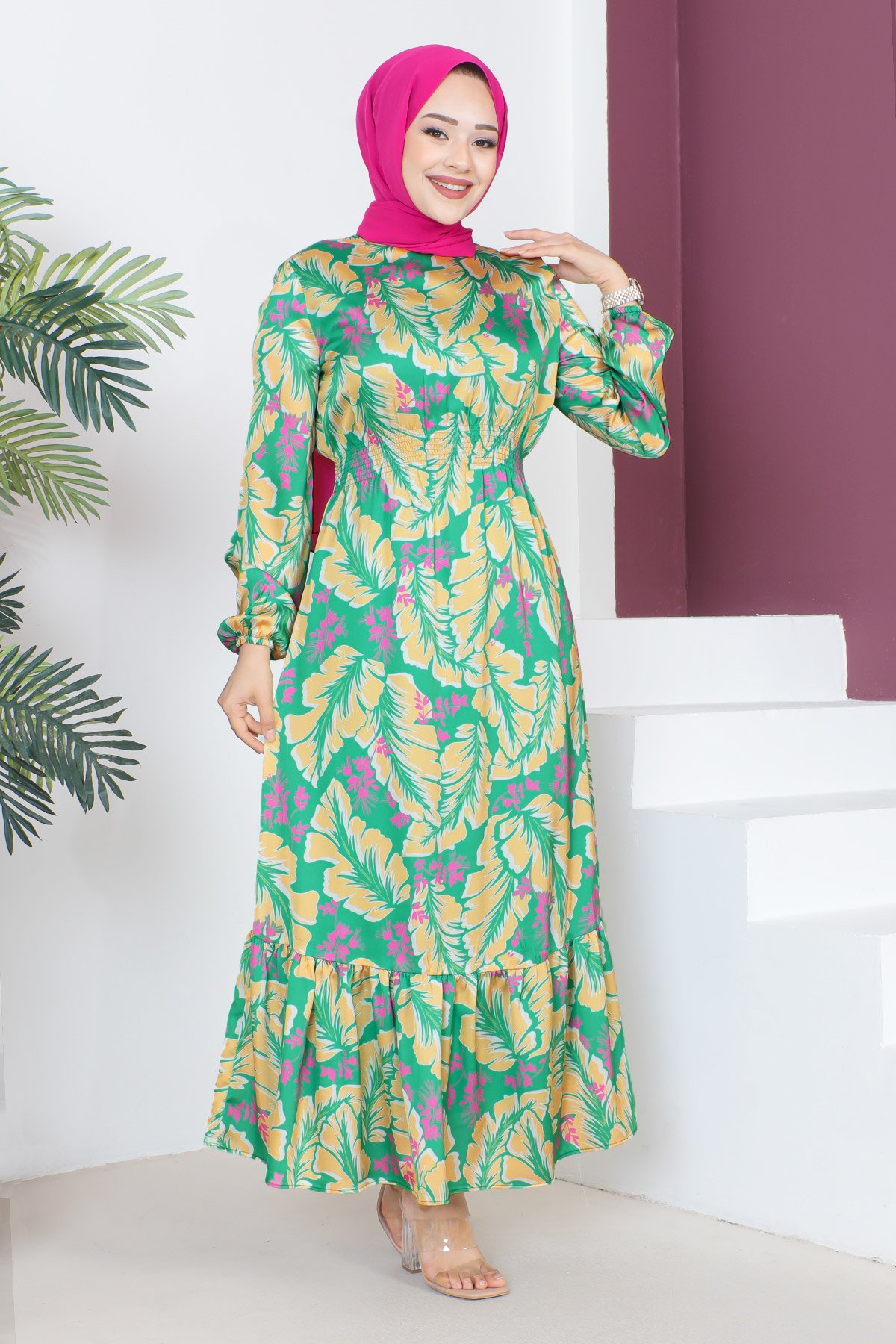 Yaprak Desenli Elbise TSD230610 Sarı