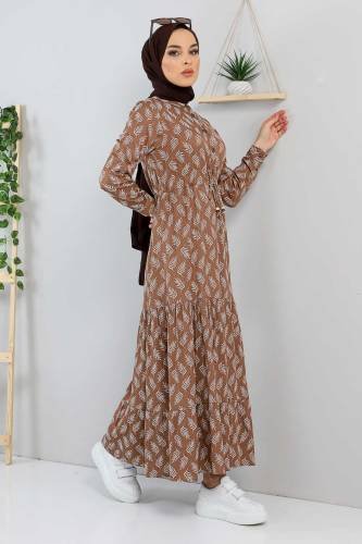 Yaprak Desenli Tesettür Elbise TSD211236 Kahverengi - Thumbnail