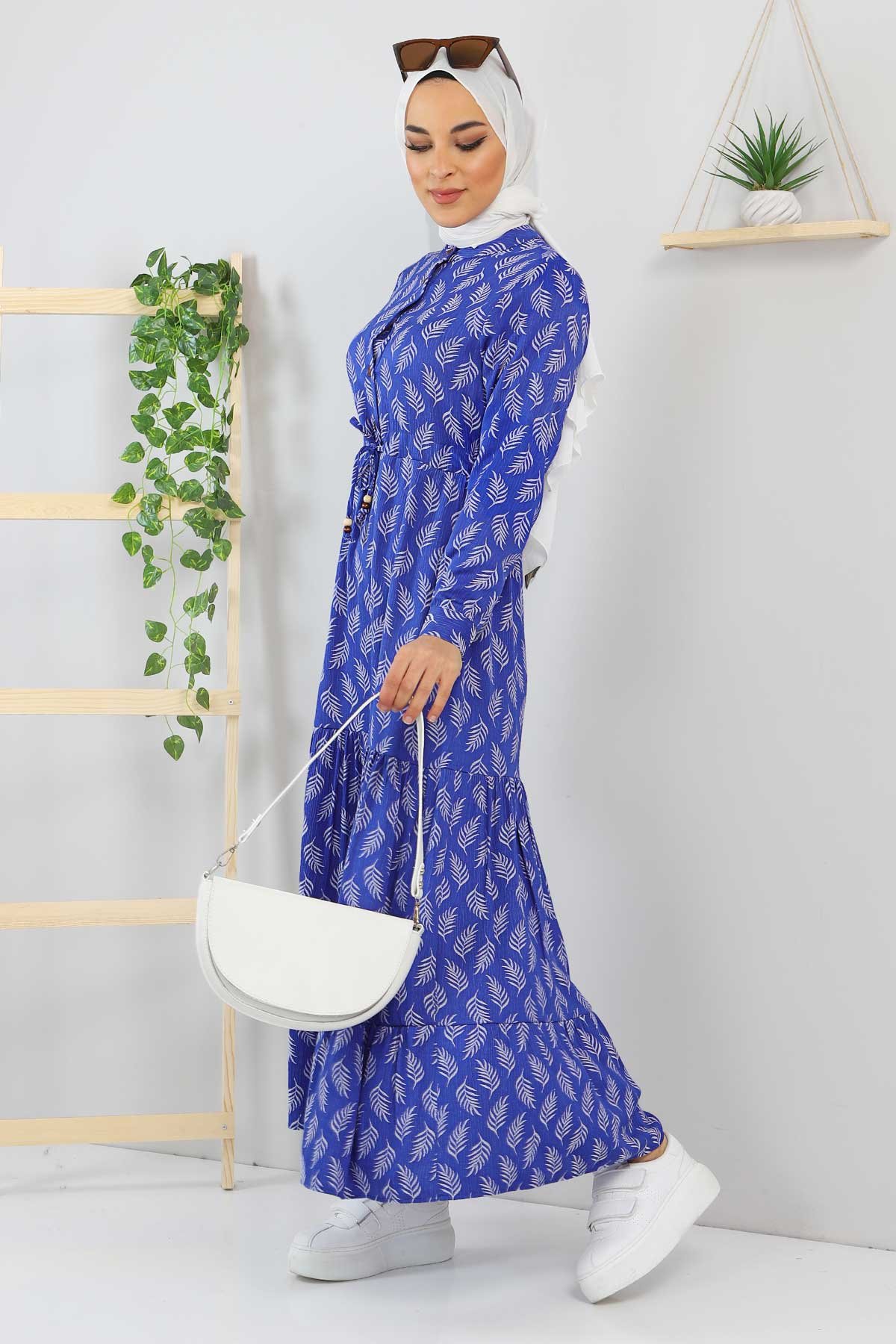 Yaprak Desenli Tesettür Elbise TSD211236 Mavi