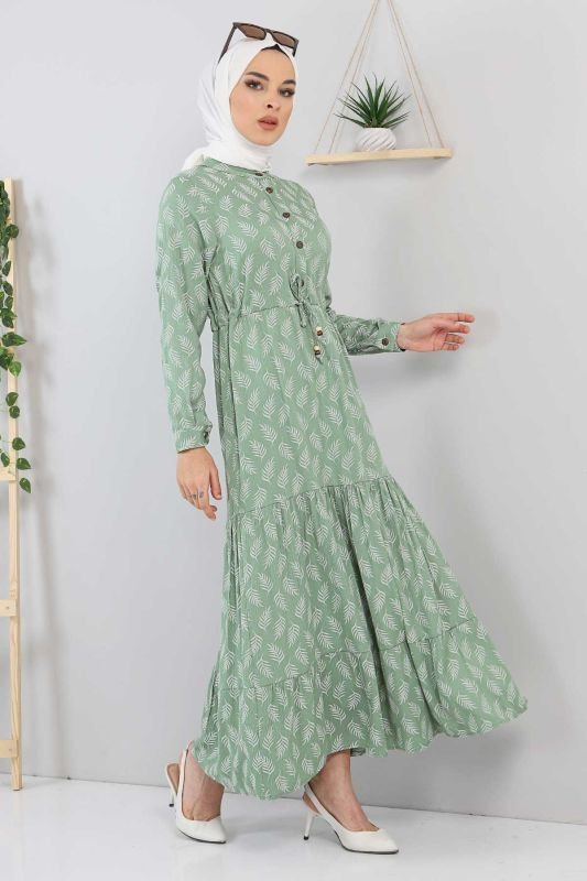 Yaprak Desenli Tesettür Elbise TSD211236 Mint Yeşili