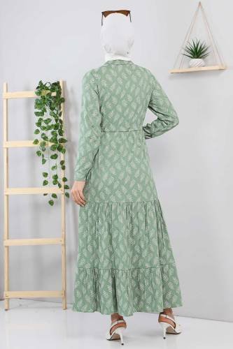 Yaprak Desenli Tesettür Elbise TSD211236 Mint Yeşili - Thumbnail