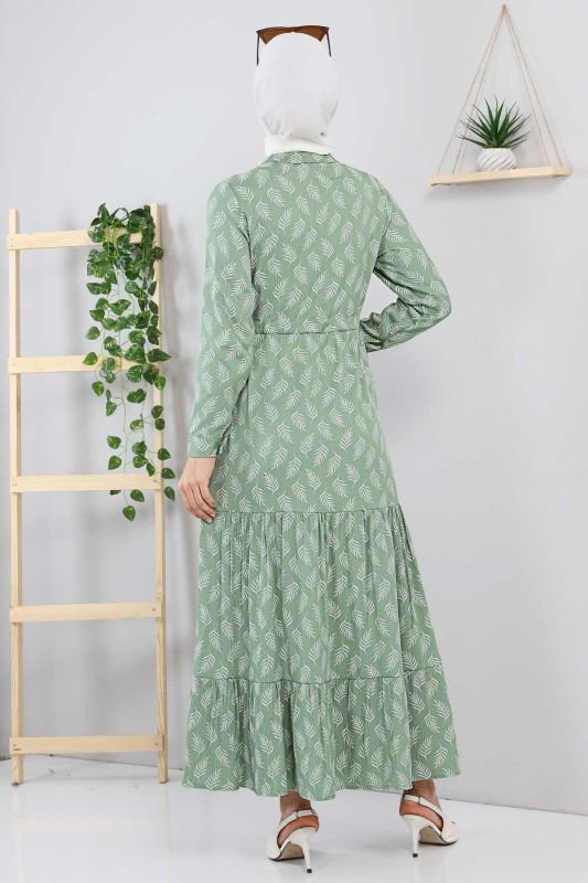 Yaprak Desenli Tesettür Elbise TSD211236 Mint Yeşili
