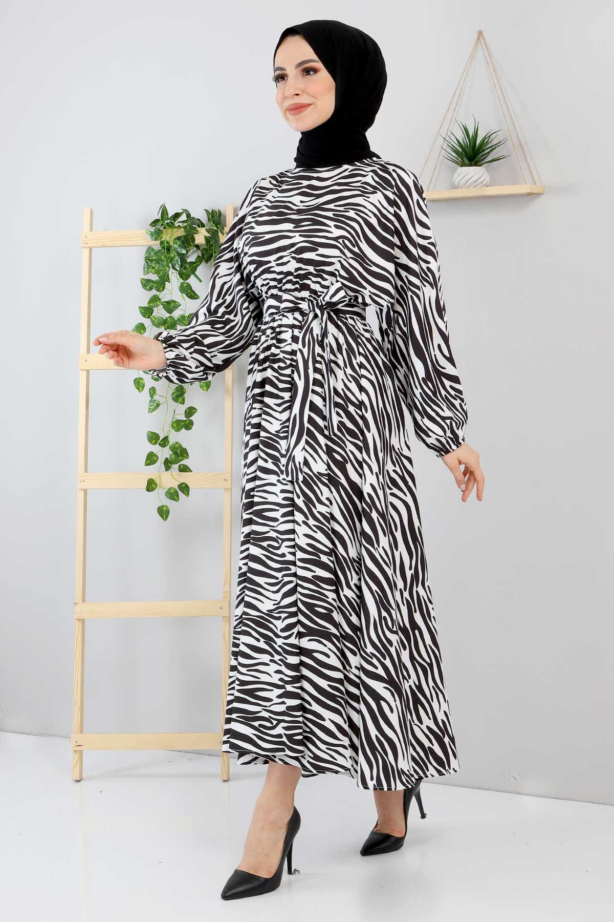 Zebra Desenli Elbise TSD220113 Siyah