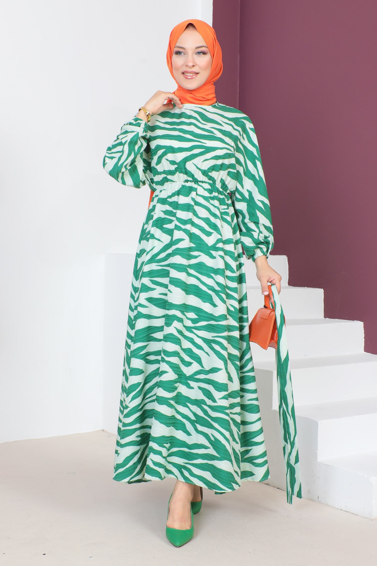 Zebra Desenli Elbise TSD230624 Yeşil