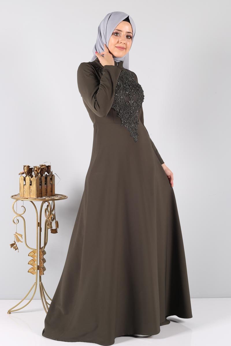 Zeynep Pattern Evening Dress STY1890 Khaki