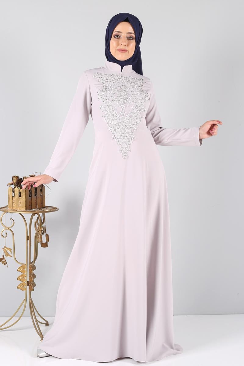 Zeynep Pattern Evening Dress STY1890 Silver